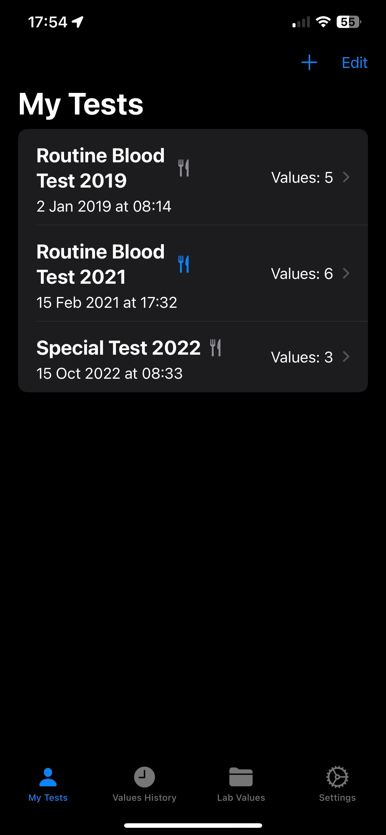 The “My Tests” overview listing three recorded blood tests with date and number of values