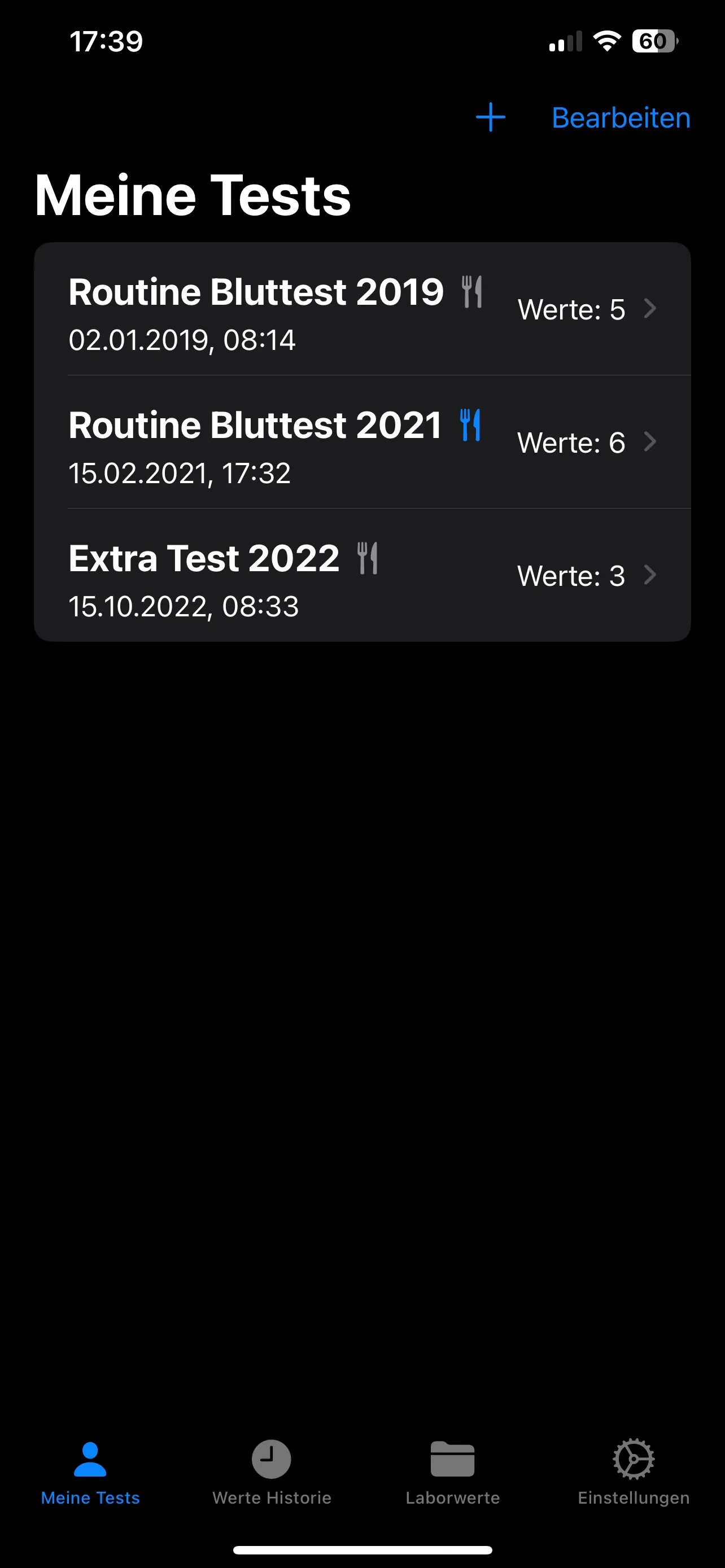 Übersicht „Meine Tests“ mit drei erfassten Bluttests samt Datum und Anzahl der Werte