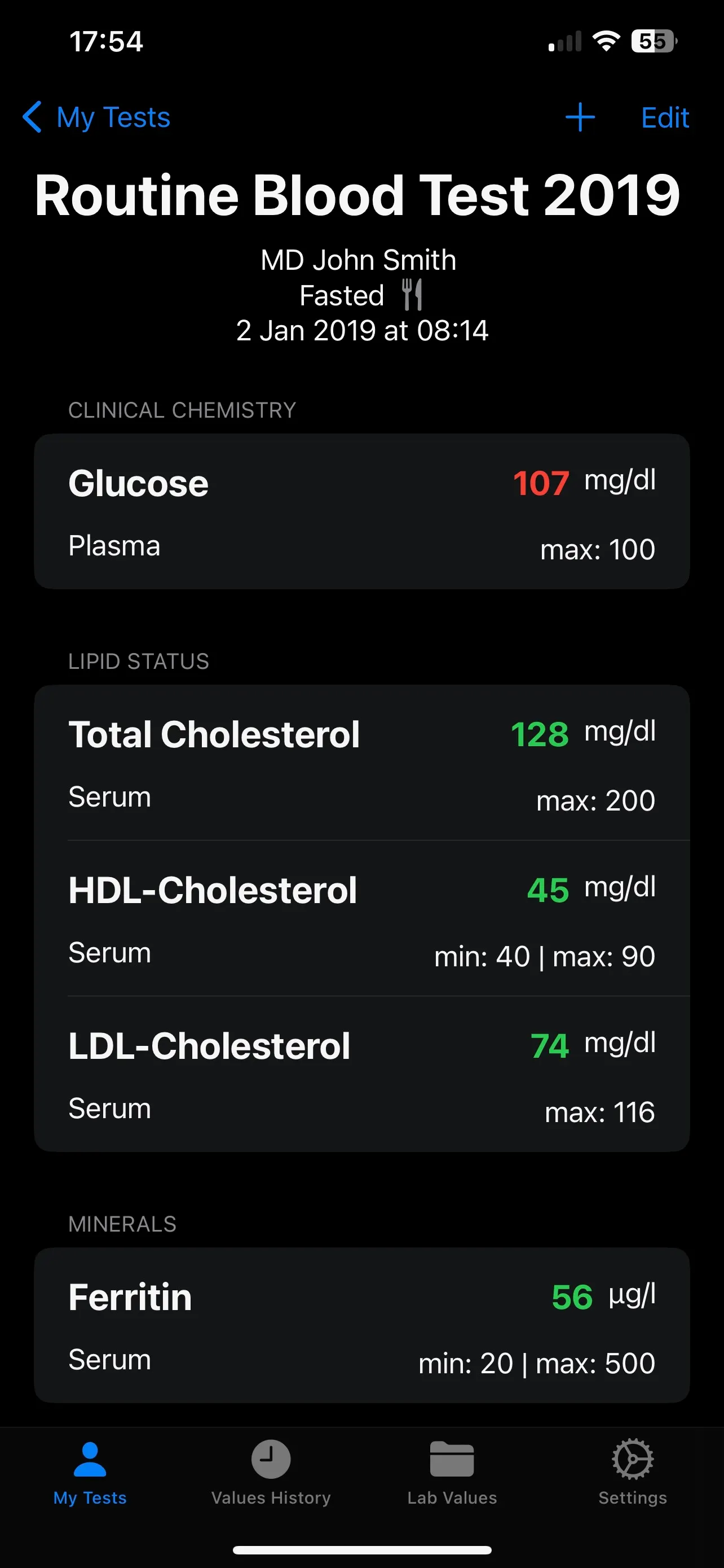An opened test: lab values grouped by category, each with unit and reference limit, out-of-range values shown in red