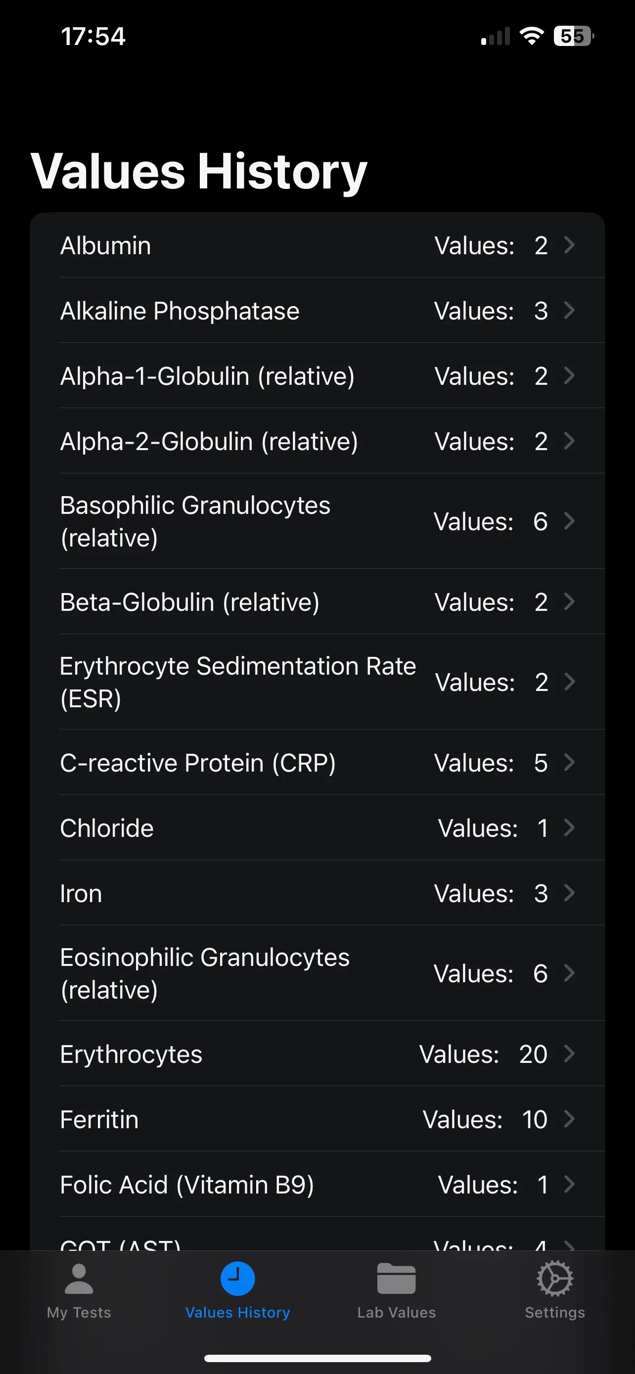 Value history: an alphabetical list of all recorded lab values with the number of measurements