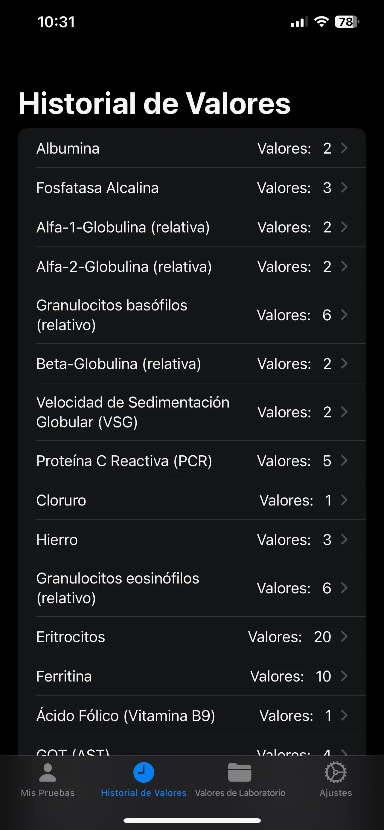 Historial de valores: lista alfabética de todos los valores registrados con el número de mediciones