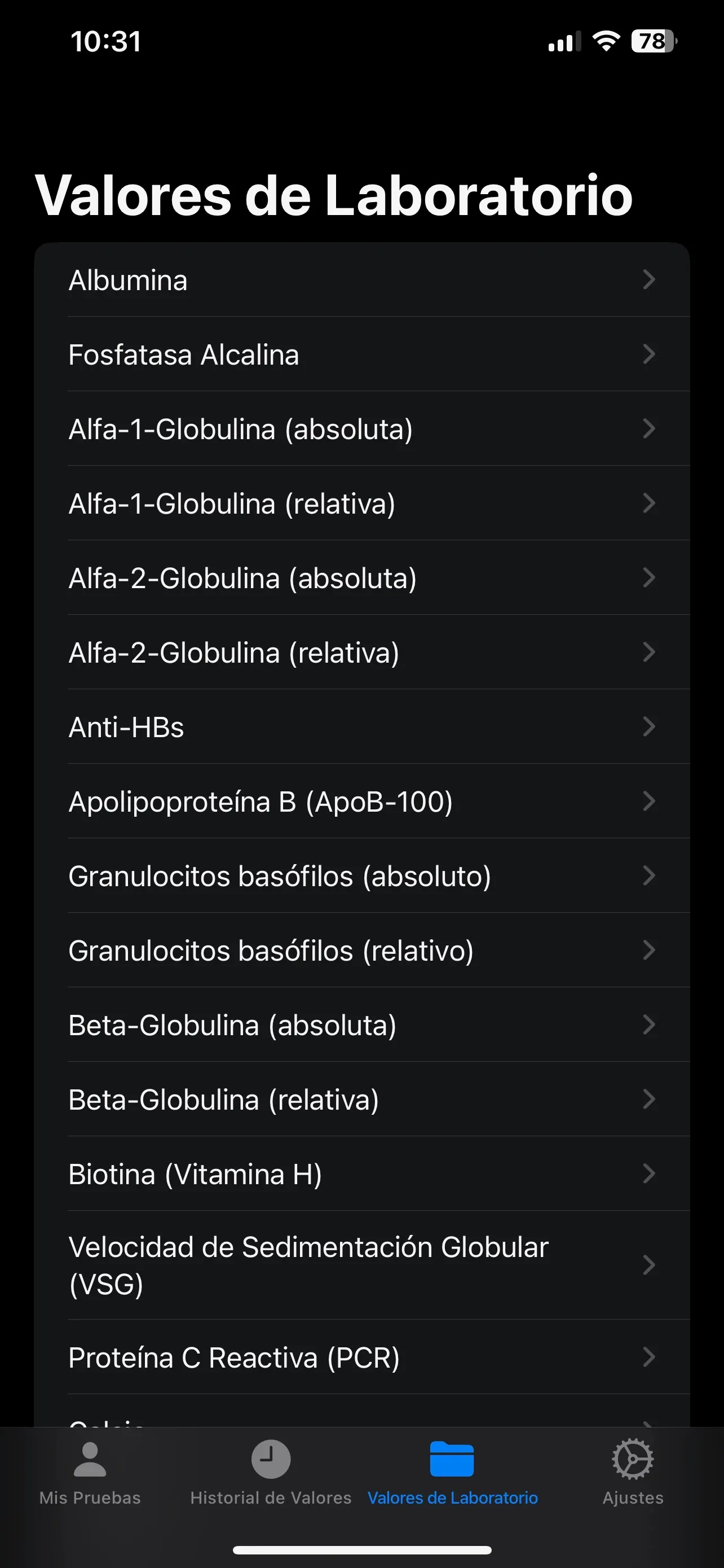 Catálogo de valores de laboratorio disponibles, de la albúmina a la proteína C reactiva