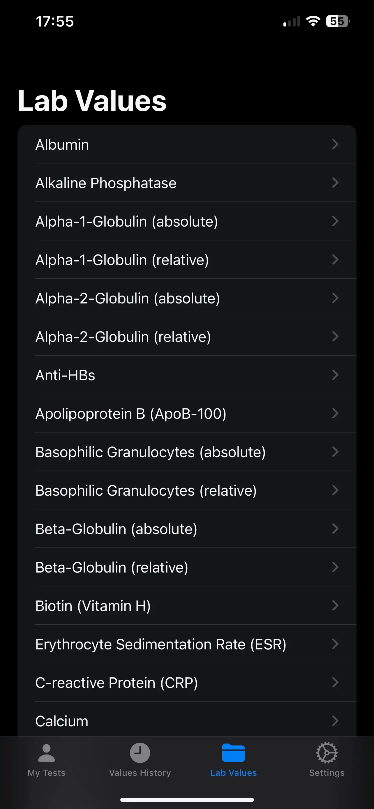 Catalogue of available lab values, from albumin to C-reactive protein